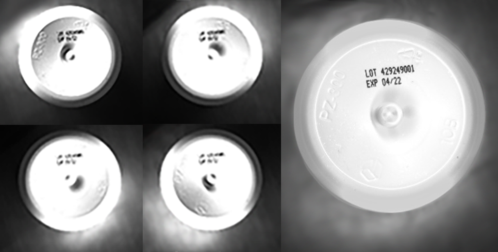 input images of a vitamin bottle bottom inspected with a DF198 MicroBrite Diffuse Ring Light and DCS-400E Quad Controller, and the final processed image of the bottom of the bottle using photometric stereo